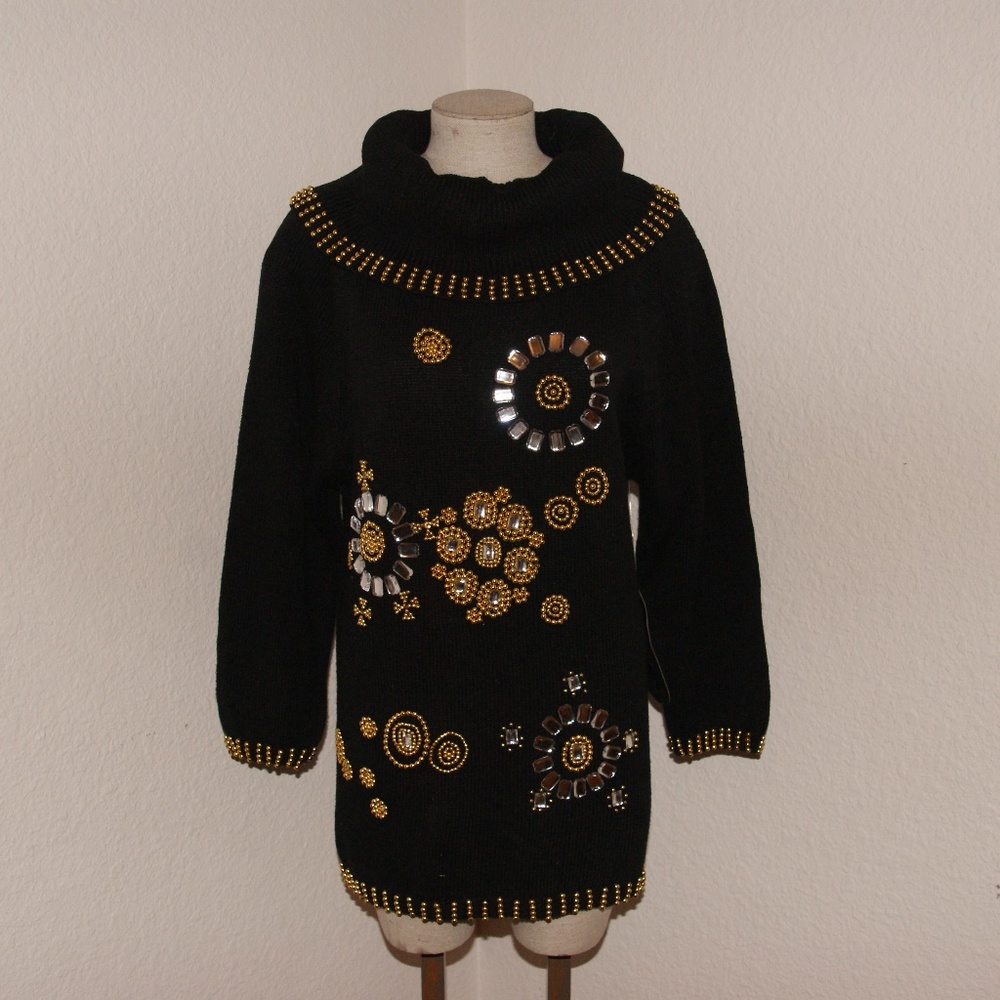 VINTAGE Black Beaded Cowl Neck Tunic Sweater sz S - Picture 7 of 8